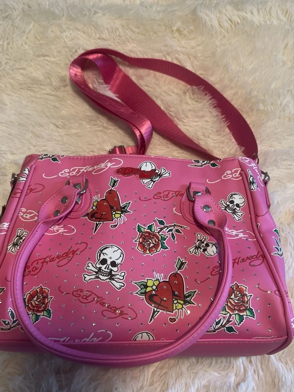 Ed Hardy Hot Pink Tattoo-Print Lunch Satchel with Stud Detail and thermal lining